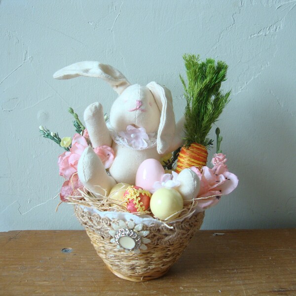 Vintage Spring assemblage, Easter bunny table decor, Easter assemblage art, mixed media decor, Farmhouse table decor