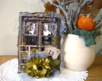 Vintage style Halloween table decor, mixed media Halloween assemblage, witchy decoration