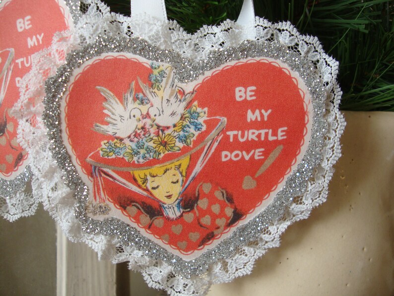 Valentine's Day ornaments, vintage Valentine's, heart ornaments, paper hearts, Galentine's Day gifts, turtle dove image 2