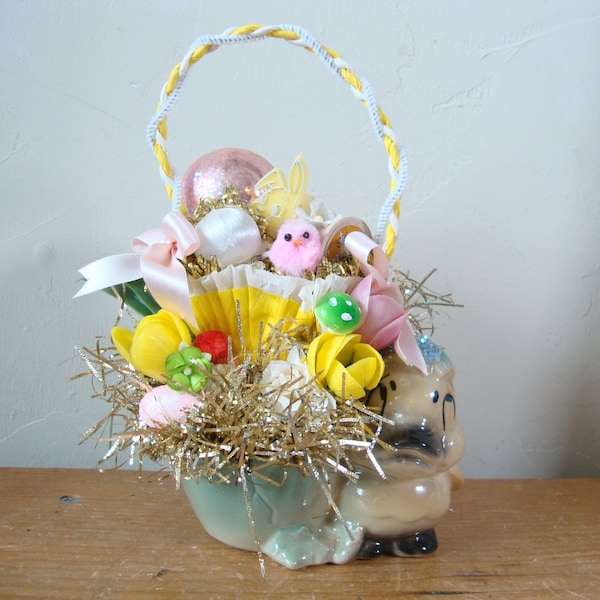 Vintage Easter planter assemblage, Antique duck planter, Easter table decor, Easter centerpiece, Spring decor, mixed media, gifts under 40