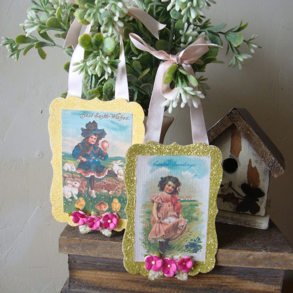 Easter ornaments, assemblage, Victorian Easter ornaments, Victorian Easter postcards, Vintage Easter decor, Farmhouse decor, paper art