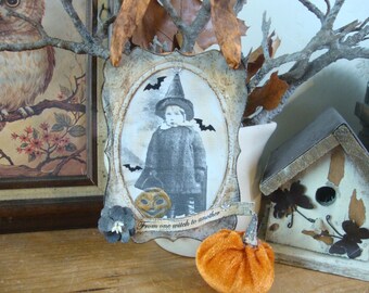 Halloween Assemblage Ornament, Altered Victorian witch Photo, Gothic Home Decor