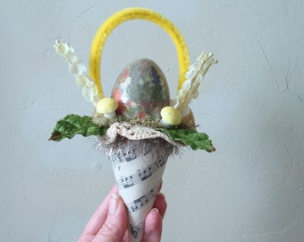 Easter Tussie Mussie, Easter assemblage, Easter cone, Vintage style Easter ornaments, paper mache cone,