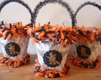 Vintage Halloween Candy Container, Paper Mache Witch Basket