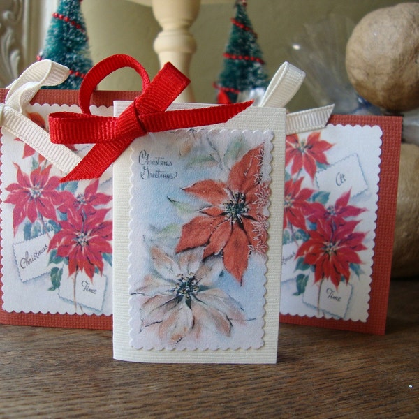 Mini card gift tags Red and white poinsettias Vintage style christmas cards ornaments or tags