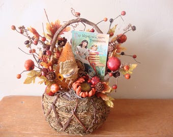 Vintage Thanksgiving Centerpiece, Fall basket assemblage table decor