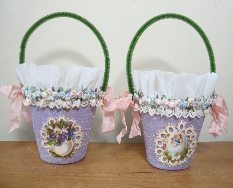 Easter baskets, candy holders, containers, Easter peat pots, gift basket, party favor bags, Vintage Easter, gifts under 20, image 1