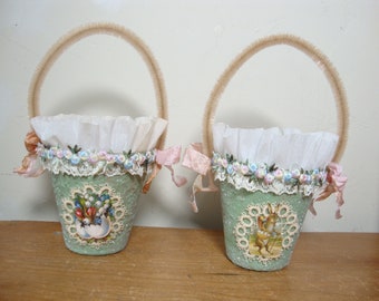 Easter baskets, candy holders, containers, Easter peat pots, gift basket, party favor bags, Vintage Easter, gifts under 20,