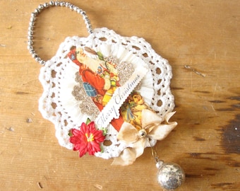 Vintage style Christmas ornament, mixed media decor, Victorian Santa ornament