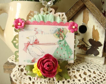 Easter ornament, assemblage, Vintage Easter postcard ornament, mixed media decor, gifts under 20