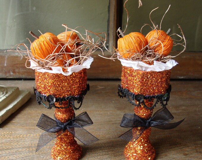 Halloween Table Decor Glittered Pedestals Orange Pumpkins Etsy