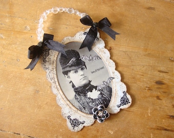 Victorian Gothic Witch Decor, Vintage Halloween assemblage ornament, mixed media paper art