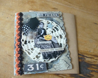 Vintage Halloween Assemblage Card, Mixed Media Paper Art