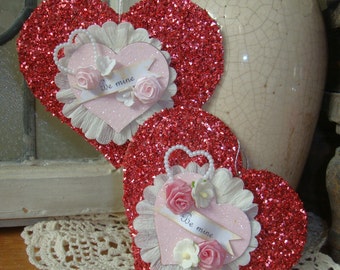 Valentine's Day assemblage, Heart ornaments, Vintage style Valentine's, home decor, gifts for her, Be mine, mixed media