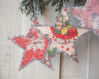 Mid-century Vintage Christmas ornament set, paper star decorations