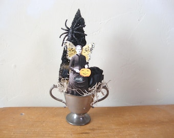 Halloween Bottle Brush Tree Table Decor, Vintage Halloween Assemblage, Victorian paper doll decoration