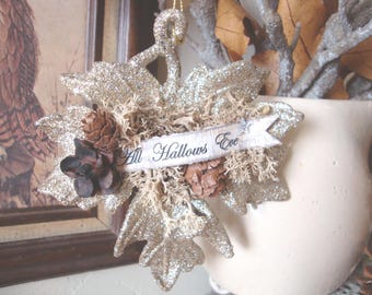 Halloween Ornament, Black and Gold, Glitter leaves, All Hallows Eve decoration