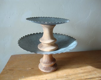 Farmhouse cake stands, Holiday serving, Farmhouse kitchen table decor, compote, wood and metal pedestals, scallop edge, cupcake stand