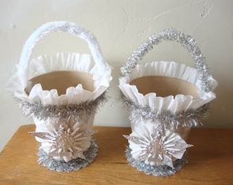 Large Paper Mache Christmas Candy Containers, Vintage Silver and White Holiday Decorations, gift baskets