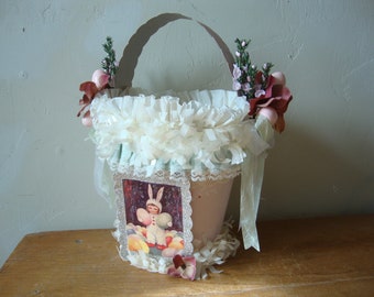 Vintage style Easter basket, paper mache candy container, Vintage Easter assemblage, gift basket, Spring table decorations, gifts under 50