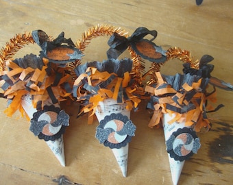 Vintage style Halloween Candy containers, Paper Mache cones, Tussie Mussie