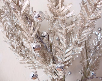 Silver Glittered Christmas Floral Stems with Jingle Bells, Winter floral picks