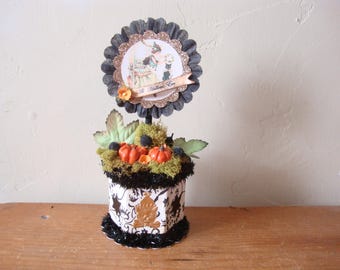 Halloween candy container, paper mache gift box, Halloween assemblage