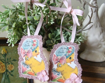 Adornos de Pascua de estilo vintage, etiquetas de regalo de Pascua, patos lindos, adornos de papel, decoración para la primavera