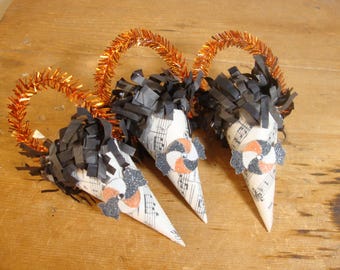 Halloween cone ornament, candy container, Paper Mache Tussie Mussie