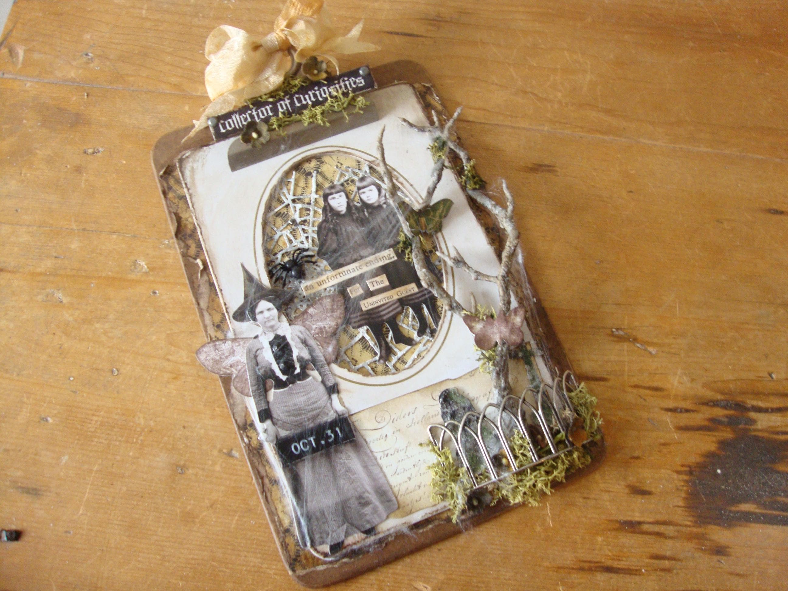 Halloween Assemblage, Victorian Gothic, Vintage Clipboard Art, Spooky mixed media Wall Decor