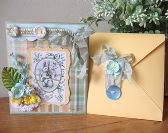 Conjunto de Pascua, regalos de Pascua, tarjeta de felicitación, arte en papel, tarjeta de técnica mixta, conjunto de Pascua de estilo vintage, regalos menores de 20 años