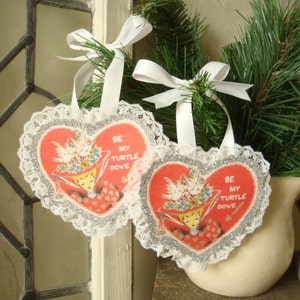 Valentine's Day ornaments, vintage Valentine's, heart ornaments, paper hearts, Galentine's Day gifts, turtle dove