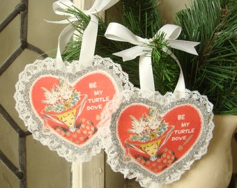 Valentine's Day ornaments, vintage Valentine's, heart ornaments, paper hearts, Galentine's Day gifts, turtle dove