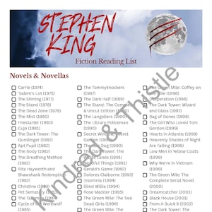 Lista de lectura de Stephen King, registro de lectura de estantería de ficción de 2026, páginas imprimibles, plantilla digital, diario de lectura, lista en PDF