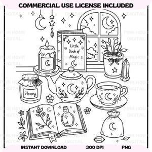 May include: Black and white illustration of a witchy scene with a teapot, teacup, open book, and a jar of honey. The image includes a candle, a window with a moon, and the text "Little Book of Magic".