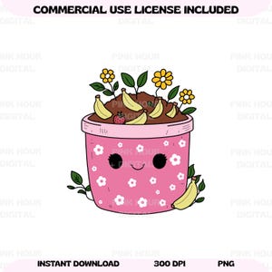 Puede incluir: Una ilustración digital de una maceta rosa con una cara sonriente, detalles de flores blancas y una parte superior marrón llena de plátanos, fresas y flores. La imagen incluye el texto "COMMERCIAL USE LICENSE INCLUDED", "INSTANT DOWNLOAD", "300 DPI" y "PNG".