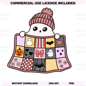 May include: A white ghost character wearing a pink knit beanie hat, holding a colorful patchwork quilt featuring various patterns including ghosts, pumpkins, bats, hearts, bows, flowers, stars, and checkered squares with a pink border.