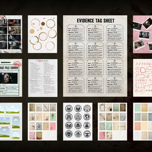 May include: A selection of digital art elements with a crime scene investigation theme. Includes a case file cover, evidence tag sheets, coffee stain circles, photos, and other graphic elements. The colour palette is muted with a vintage aesthetic.