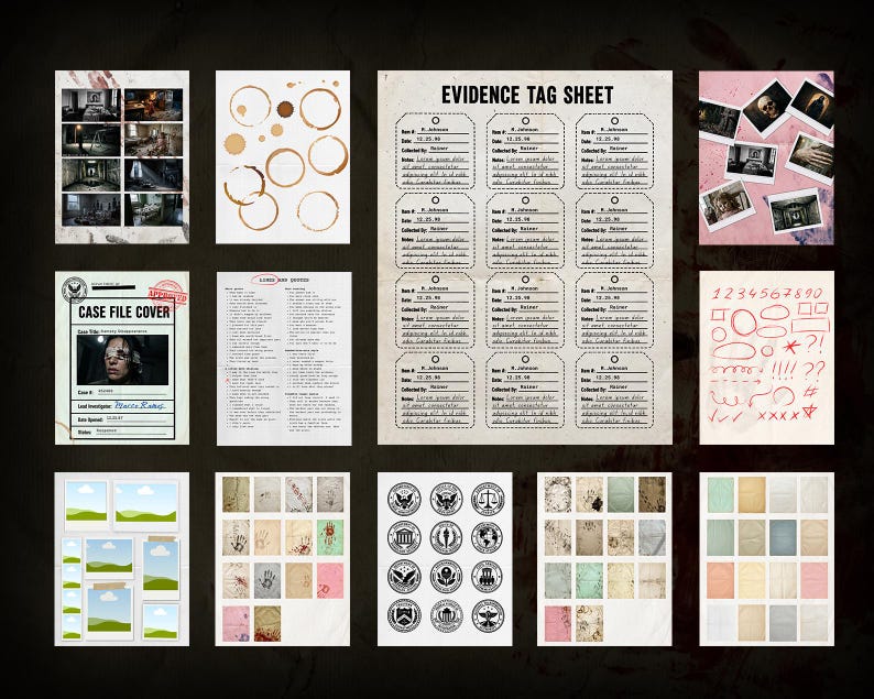 May include: A selection of digital art elements with a crime scene investigation theme. Includes a case file cover, evidence tag sheets, coffee stain circles, photos, and other graphic elements. The colour palette is muted with a vintage aesthetic.