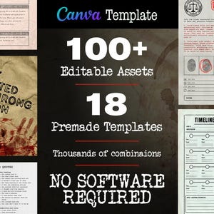 May include: A Canva template graphic with text that reads "100+ Editable Assets", "18 Premade Templates", and "No Software Required". The design has a dark background with crime scene elements.
