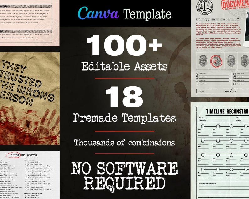 May include: A Canva template graphic with text that reads "100+ Editable Assets", "18 Premade Templates", and "No Software Required". The design has a dark background with crime scene elements.