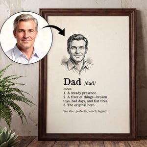 May include: A framed print with the definition of "Dad" in black text. The print includes a portrait of a man and a definition with three points: steady presence, fixer of things, and the original hero.