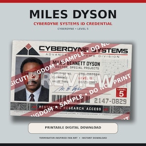 Puede incluir: Una tarjeta de identificación rectangular de Cyberdyne Systems para Miles Bennett Dyson, Director de Proyectos Especiales. La tarjeta incluye un retrato, número de empleado CDS-082994, nivel 5 de autorización, un código de barras y el texto Restricted Research Access.