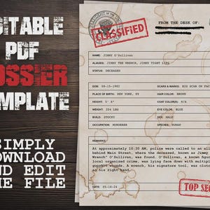 May include: A vintage-style PDF dossier template with the words "EDITABLE PDF DOSSIER TEMPLATE" in a distressed font. The document includes fields for name, aliases, and remarks, with a "CLASSIFIED" stamp.