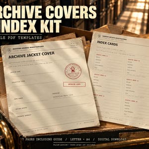 May include: An Archive Covers and Index Kit featuring fillable PDF templates. The documents include an Archive Jacket Cover with a red stamp and an Index Cards sheet, both printed with Morrow Archive Investigations branding and text.