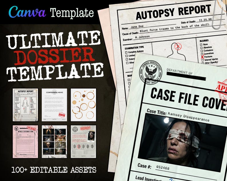 May include: A Canva template labelled "ULTIMATE DOSSIER TEMPLATE" featuring document layouts such as an autopsy report and case file cover. The documents have text and graphics, with a vintage style. The template includes over 100 editable assets.