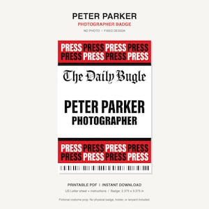 Peter Parker Daily Bugle Photographer Presskort - Inget foto, Halloween Cosplay-märke, utskrivbar PDF