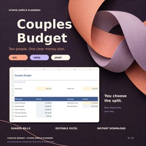 May include: A digital Couples Budget planner template by Stupid Simple Planners featuring a spreadsheet interface with columns for income and expenses. The design includes text labels for His, Hers, and Joint categories, plus the phrase You choose the split.