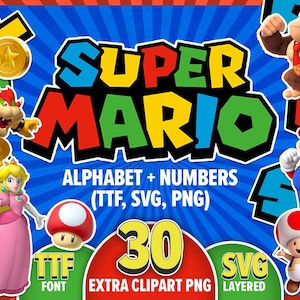 Fonte e alfabeto inspirados no Super Mario | Letras e números digitais | Arquivos SVG, PNG e TTF para Cricut e Sublimação