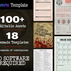 May include: A Canva template graphic with text that reads "Canva Template", "100+ Editable Assets", "18 Premade Templates", and "No Software Required". The image also includes crime scene-themed templates, such as a document and a timeline reconstruction.